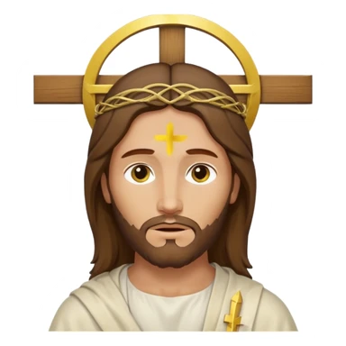 Christian cross with a halo above it and Jesus Christ on it, simplified, iconic, yellow face, gentle expression sticker