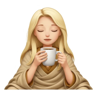 Blonde girl long hair inside a beige blanket sipping coffee eyes closed sticker