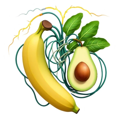 Banana, avocado, potato and leafy greens emitting electrical sparks that flow toward a heart and nervous system. The electrical currents connect the potassium-rich foods to muscles and nerves, highlighting potassium's role as the body's electrical rhythm keeper. sticker