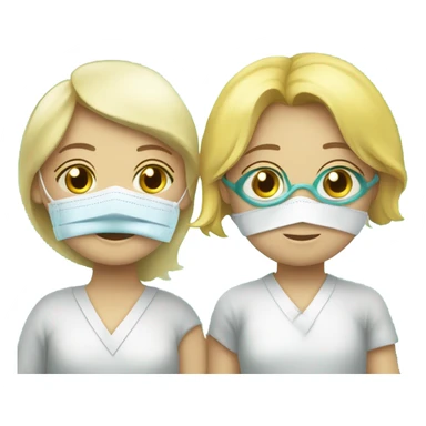 Two blonde children, sick, each in their own bed, wearing surgical masks, one Boy, one girl, at home, get well soon sign with yellow heart sticker