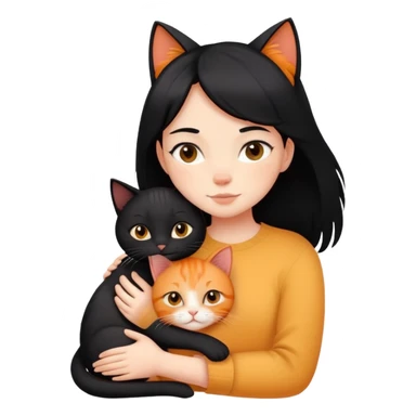 A black-haired girl hugs a ginger cat and A black cat sticker