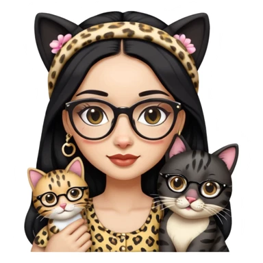 A woman with a cute face and long black hair, wearing a head accessory in a Western-style look. She has stylish makeup on and wears glasses with leopard-print frames. She’s dressed in a beautiful, charming sundress. She’s lovingly holding a black-striped cat  holding it in a sweet, affectionate way. sticker