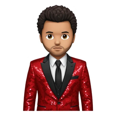 The Weeknd with dark brown hair, red sequin suit jacket, black shirt with tie sticker