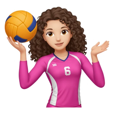 white brunette volleyball player with long curly hair wearing a pink outfit and ONE orange AND white ball sticker