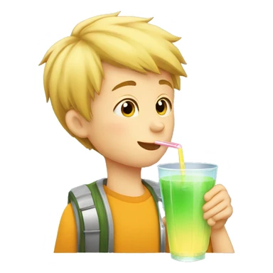 A blonde boy sucking or drinking juice with a straw while his hand is holding the drink, profile view sticker