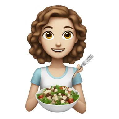 White girl with freackles Brown hair blue eyes eating Tofu salad with fork sticker
