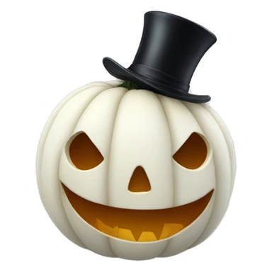 a white pumpkin with a face with a tongue out and a top hat  sticker