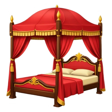 bed with red and gold sheets, wooden, canopy, simple, dark sticker