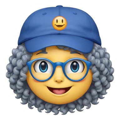 yellow female smiley face emoji, big smile, winking, wearing a backwards blue ball cap, grey curly hair, cat eye glasses, no eye colo sticker