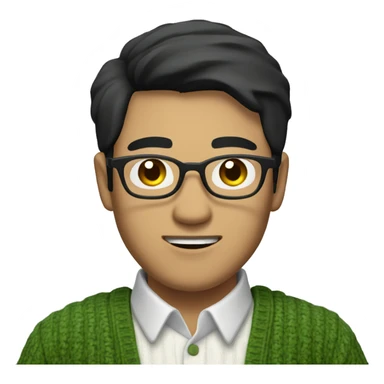 Asian guy with black hair that is parted 50/50 dressed in white button up shirt with green sweater holding a glass of wine sticker