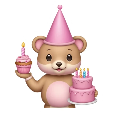 cute animal hold a pink birthday cake in both arms with pink birthday hat sticker