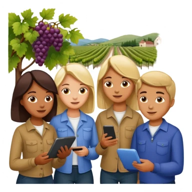 Make a photo of 5 project managers, specificly 3 girls and 2 boys, that are making project for improvment of the vineyard sticker