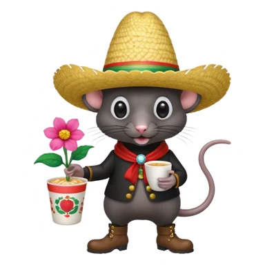 Rat eating a cup noodle in one hand and a flower in the other with boots on for rain and that has one eye that looks like a disco ball as well with a Mexican hat one with a big nose and the rat has to be black  sticker