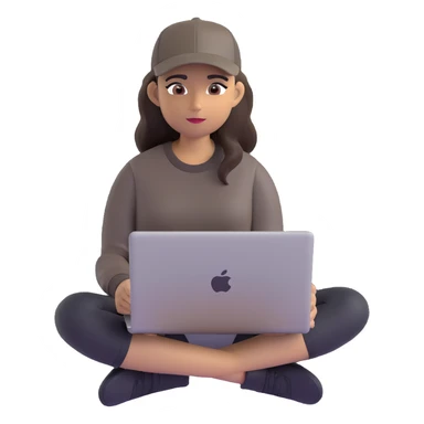 A professional 3D avatar of a young woman with olive skin and long, dark brown hair, wearing a dark, long-sleeved dark taupe shirt and a black baseball cap. She's sitting at a sleek wooden desk, typing on a silver MacBook. sticker
