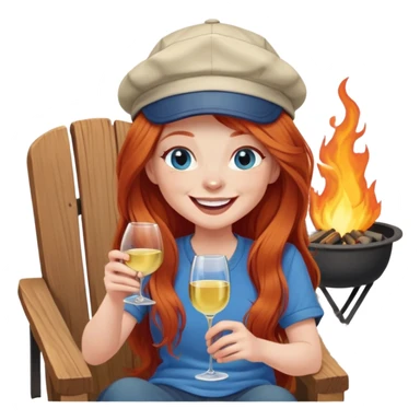 Laughing redhead with long hair and blue eyes wearing cap holding white wine sitting in chair beside fire pit sticker