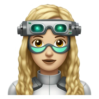 female cyborg head, fair skin, Brown long hair with blonde steaks, space age goggles and circuits sticker