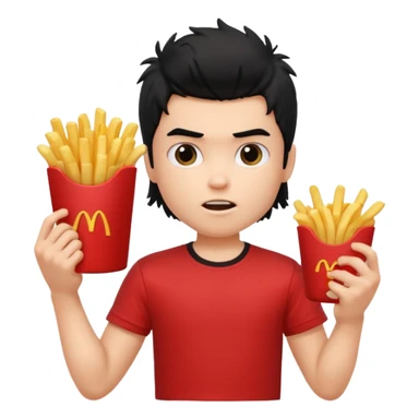 generate a pretty fair bratz boy with a messy mullet (black hair), wearing a red tshirt. eating fries, big biceps sticker