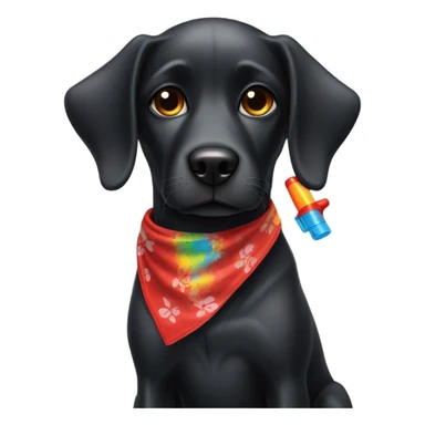 Black dog with a red bandana with water gun sticker