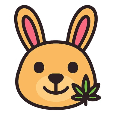 cute rabbit face icon with a small cannabis leaf detail, designed for an AI assistant called Buddy, friendly and professional sticker