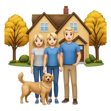 a mom and dad standing in front of a house with their son and a dog next to them (1 dog) and 1 SON not daughter sticker