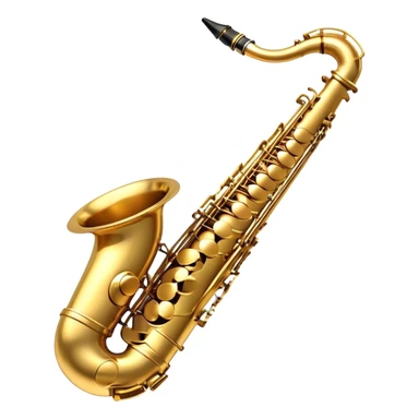 Create a sleek and sophisticated emoji representing a saxophone. The design should feature the shiny, golden body of the saxophone, with its smooth curves and metal keys clearly visible. Include subtle details like the mouthpiece with the reed and the bell at the end of the instrument. The keys should be delicately arranged, capturing the intricacy of the instrument. Use warm golden tones for the saxophone and add small musical notes floating around to evoke the smooth, soulful sound of the saxophone. The background should be transparent. sticker