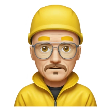 Walter White in iPhone emoji style, wearing his iconic glasses and a yellow hazmat suit sticker