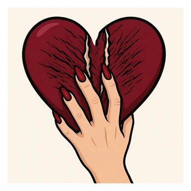 женская рука с маникюром вгоняет когти в винного цвета сердце и сильно раздирает царапает его (пальцы полусогнуты ногти вогнаны в царапины) рисованный стиль, ориентируйся на референсы по стилю и по уровню разодранности серца sticker