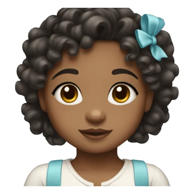 A brow skin little girl with black curly wavyish hair and a baby blue bow sticker