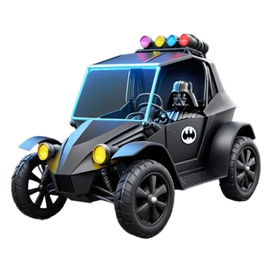 Mad max survival apocalypse ghostly sporty Darth Vader’s Batman-armored 1876 black graphite colored school buggy with horizontal holographic 3d stars painted on the body sides and neon under glow  sticker