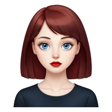 Artistic young woman with pale skin, oval face, large expressive blue eyes with eyeliner, thin arched eyebrows, small nose, full lips with red lipstick, dark auburn hair that's straight with slight waves at ends, straight bangs, wearing a black top, warm creative expression sticker
