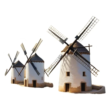 ​Cinematic Realistic Spanish Windmills (Mota del Cuervo), depicted as a cluster of gracefully aged windmills with weathered whitewashed facades and rustic wooden sails, standing proudly on a sunlit, rolling hillside of golden fields and olive groves, rendered with intricate textures and soft natural lighting that captures the timeless rural charm and historical significance of the Spanish landscape, sticker