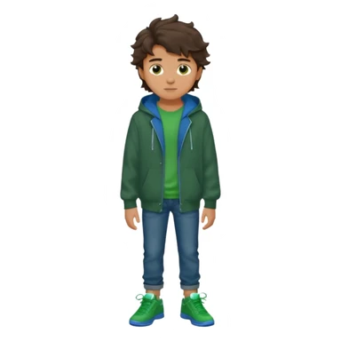 a 14 year old slightly tanned teenage boy with dark brown tousled wavy hair, wearing a green tshirt, with a dark green hoodie overcoat with blue jeans and green shoes sticker