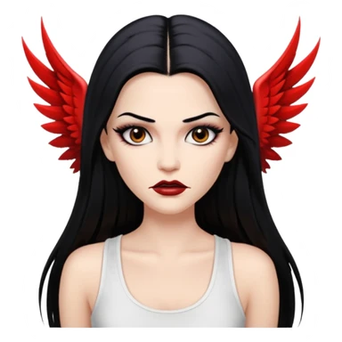 White woman with a white tank top long black hair glossy middle part straight long hair vamp look with fangs brown eyes eyeliner winged with lashes top and bottom white border big lips black eyebrows sticker