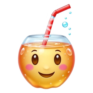 3D Apple style emoji of bubbly soda pop, fizzy bubbles rising, translucent sparkling liquid, isolated on white background, soft shadows, high detail, playful and cute. sticker