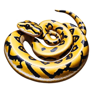 A photo-realistic top-down view of a Ball Python gently coiled into a tight spiral, with its head resting peacefully at the center. Its scales are warm brown with bold, irregular black markings, including the distinctive “alien-head” pattern, flowing smoothly along its body.  sticker