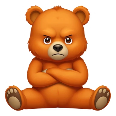Create a orange friendly bear, make him look like from a kid cartoon. Show his whole body. Make him look shy and cross his leg while he is standing. make him look mad sticker