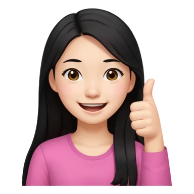 a girl genuinely feeling happy so so so much laughing so hard with her eyes folded long black hair asian girl on a pink shirt with her thumb up sticker