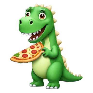 Green dinosaur eating a pizza whilst wearing pyjamas and fluffy white slippers sticker