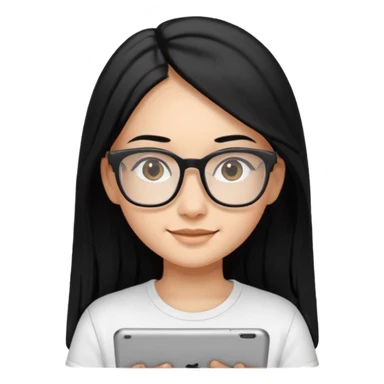 Long black hair girl in a white T-shirt and black square glasses slightly smiling studying with an Ipad. sticker