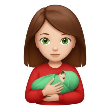 a girl with brown strait hair and has baby green eyes has a red t-shirt no baby sticker