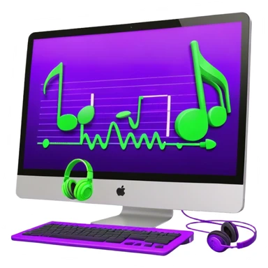 Create a creative and inspiring emoji that represents writing music tracks. The design should feature musical notes, a pen or pencil, and a digital audio workstation (DAW) interface or a computer screen with a visible waveform, symbolizing the process of composing and arranging a track. Add elements like a metronome or a pair of headphones to reflect the recording and editing aspects. Use vibrant colors like electric blue, purple, or neon green to represent creativity and innovation in music production. The background should be transparent. sticker