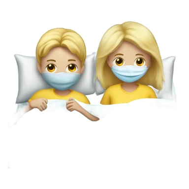 Two blonde children, sick, each in their own bed, wearing covid masks, one Boy, one girl,, at home, get well soon sign with yellow heart sticker