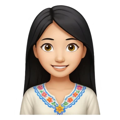 30 yr old asian woman center parted hair big eyes big smile tanned skin straight black hair hippie part hair white blouse sticker