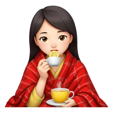 cute and sexy chinese girl, feeling sick up, nose and cheecks red by blush, covered by blanket, drinking tea with lemon sticker