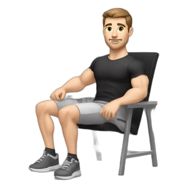 Pale skinned Fit Man With the biceps and dark brown hair in black shirt, gray sports shorts and white Sneakers Sitting on a chair sticker