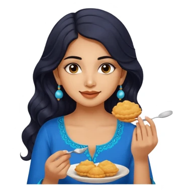 a pretty tan indian bratz girl with wavy long BLACK hair. eyeliner on, wearing a blue kurti, eating golgappa. NO SPOON sticker