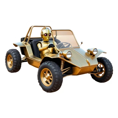  tarnished neon underglow C-3PO ghost hunter 1964 delicately ornate rosegold wood accents painted dune buggy buckboard powered by electric motors and batteries with racing safety belts while flying rapidly roughening terrain stable on strong agile advanced suspension and steering sticker