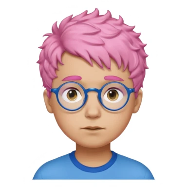 boy with short, curly pink hair, matching blue eyebrows, light brown skin, round black glasses, and a neutral facial expression. sticker