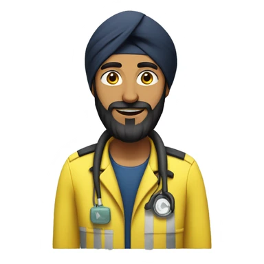 Skinny sikh man with beard wearing a black turban and a yellow paramedic jacket sticker