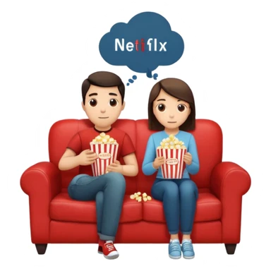 Crea un emoji dove un uomo e una donna mangiano i pop corn su un divano e guardano la tv, nella tv ci deve essere scritto netflix sticker